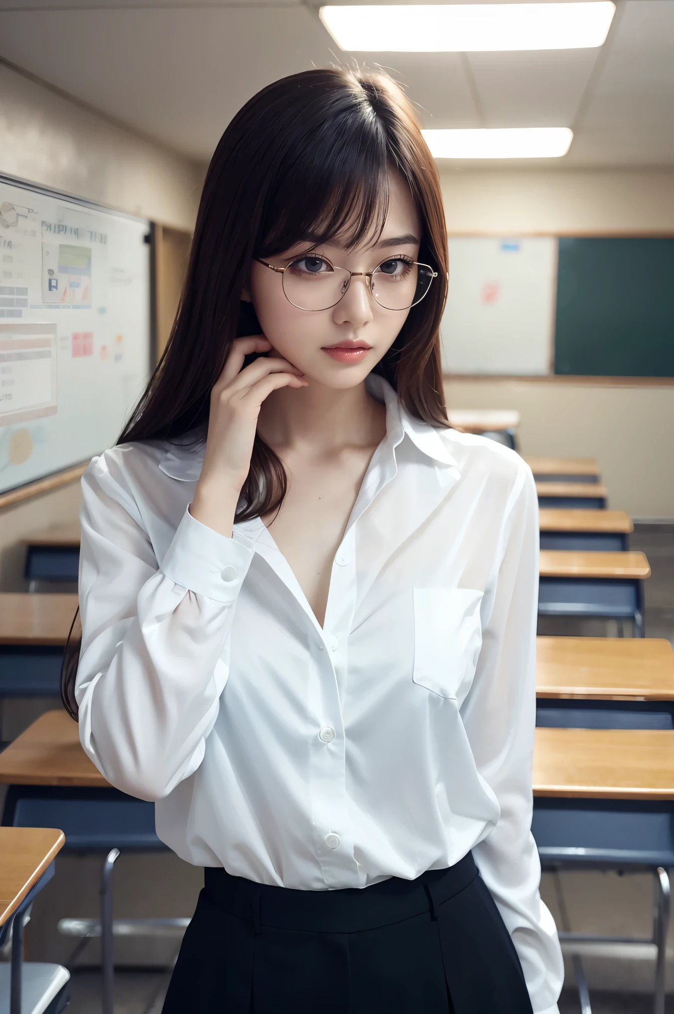18 year old woman,Nice face, black hair color hair, short ponytail hair, transparent thin frame glasses, thinking face, Wear an unbuttoned white shirt, black short skirt,mediuml breasts, sitting down, Learn, intermittently, lying on the table, get a pencil, opened book, Nerd, glass of milk, table light, intermittently, at class room, wall decorate, Mini library, glass window, wall clock, intermittently, 电影灯光, realistically, tmasterpiece, Best quality, Complex CG,The face is very detailed,High detail eyes,