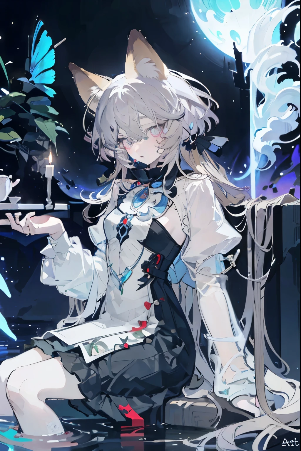 Fox ears, Fox Tail, - Girl Sitting on a Boat in the Water, Crystal Glowing Eyes , Sea butterflies , Night Strike , Fairy Lights , Very Deep Sea , Long shiny hair , Night Core, Very ethereal, Stage Girl Dress .