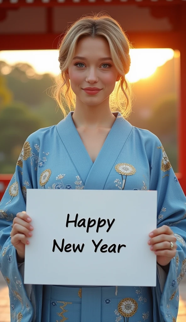 cowboy shot,  front view 1 woman, beautiful  American actress,Lea Seydoux ,  (blond short hair, beautiful  blue eye, smile), (C cup breasts, wide hip), (Japanese traditional blue Kimono, kimono's below  flower pattern , black obi with flower pattern, obi string ) ,  White board hold both hands, writing word "Happy New Year" 、 front Shinto shrine, sunrise ,