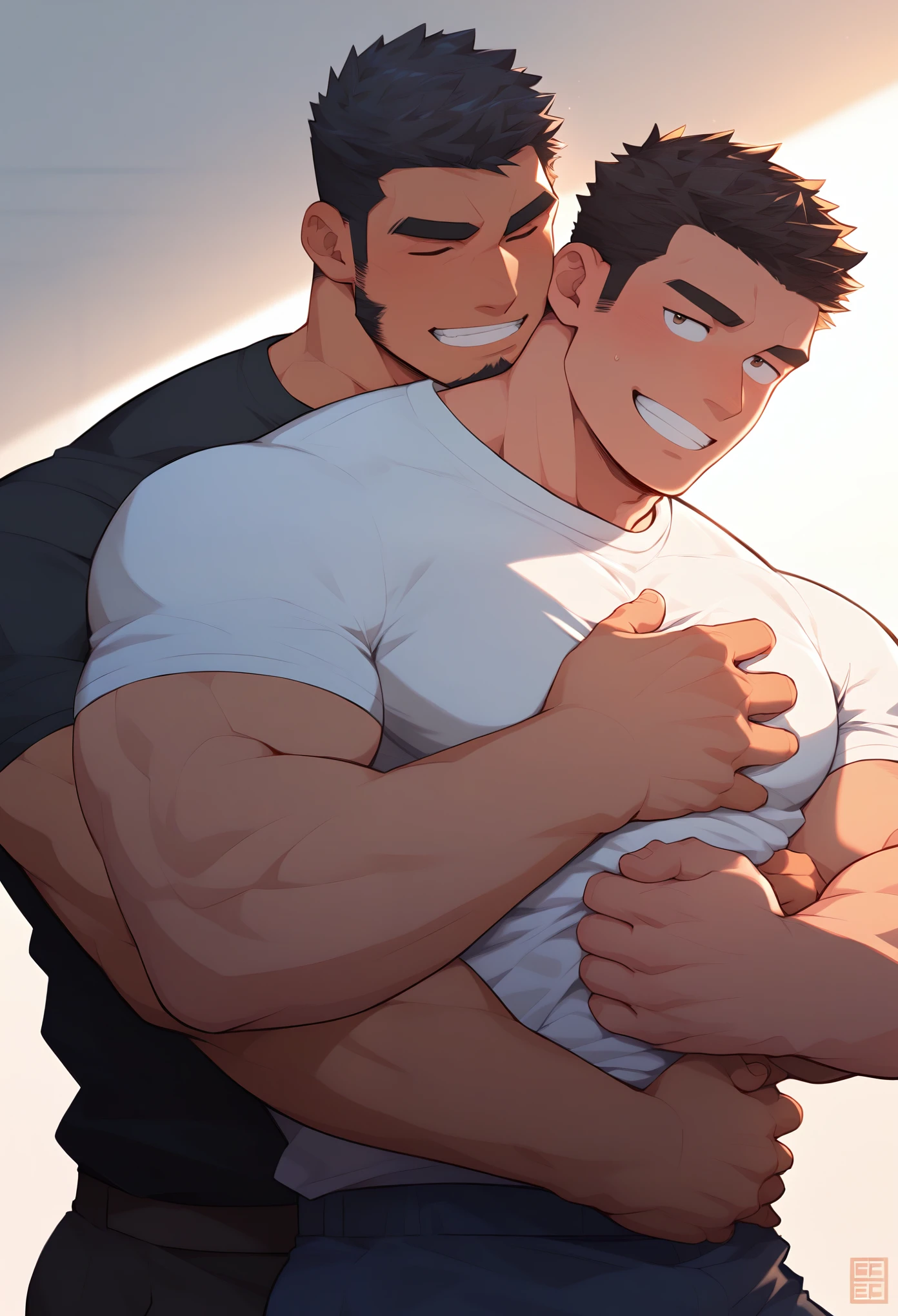 Masterpiece, Best Quality, Japanese, Muscular, Short Hair, Black Hair, Beefy, Shirt, Two Men, Hug, Hands Inside Clothes, Bedroom