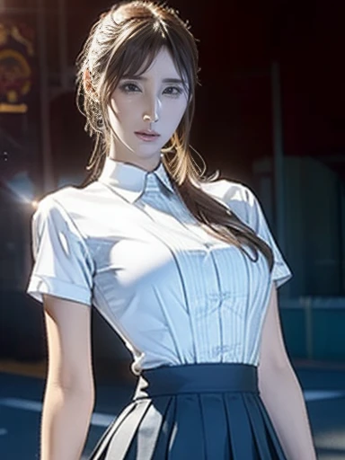  full body shot 、8k, masterpiece, RAW photo,   best quality, Realistic,   Elegant Suit Wearing High Resolution CG Unity 8K Wallpaper ,   depth of field , Cinematic Light,   lens flare ,   ray tracing , (   very beautiful face   , Beautiful Lips,   beautiful eyes),  Detailed face , ((Ultra detailed skins))  one girl playing pranks,  in the dark , deepshadow, Cute Korean Girl,  K-POPアイドル ,   1 girl, (Very slim and slendet muscular body:1.3), (( Viewers)),(Big smile:1.3), ( blurred background),( There's no one behind  :1.3),  beautiful earrings ,  bracelet, Clear Eyes, walk, (Pale skin), (Big Eyes), look forward to, (Golden bristles), ( full body shot ), , ((Blue high waist skirt)), , ( Viewers:1.3) Open chest, Very slim, medium breasts,  Focusing on Buttocks , In front of eyebrows, Thick thighs(( white shirt:1.3)), ( double breasted,  under bust:1.2), Short sleeve,  Button Gap ,  frameless glasses  ,  CORSET BELTS  ,Beautiful shortcuts,blonde,
