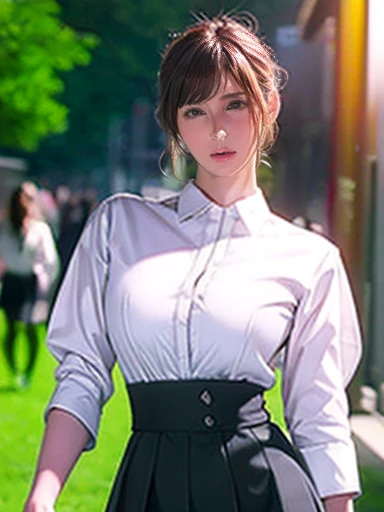  full body shot 、8k, masterpiece, RAW photo,   best quality, Realistic,   Elegant Suit Wearing High Resolution CG Unity 8K Wallpaper ,   depth of field , Cinematic Light,   lens flare ,   ray tracing , (   very beautiful face   , Beautiful Lips,   beautiful eyes),  Detailed face , ((Ultra detailed skins))  one girl playing pranks,  in the dark , deepshadow, Cute Korean Girl,  K-POPアイドル ,   1 girl, (Very slim and slendet muscular body:1.3), (( Viewers)),(Big smile:1.3), ( blurred background),( There's no one behind  :1.3),  beautiful earrings ,  bracelet, Clear Eyes, walk, (Pale skin), (Big Eyes), look forward to, (Golden bristles), ( full body shot ), , ((Blue high waist skirt)), , ( Viewers:1.3) Open chest, Very slim, medium breasts,  Focusing on Buttocks , In front of eyebrows, Thick thighs(( white shirt:1.3)), ( double breasted,  under bust:1.2), Short sleeve,  Button Gap ,  frameless glasses  ,  CORSET BELTS  ,Beautiful shortcuts,blonde,
