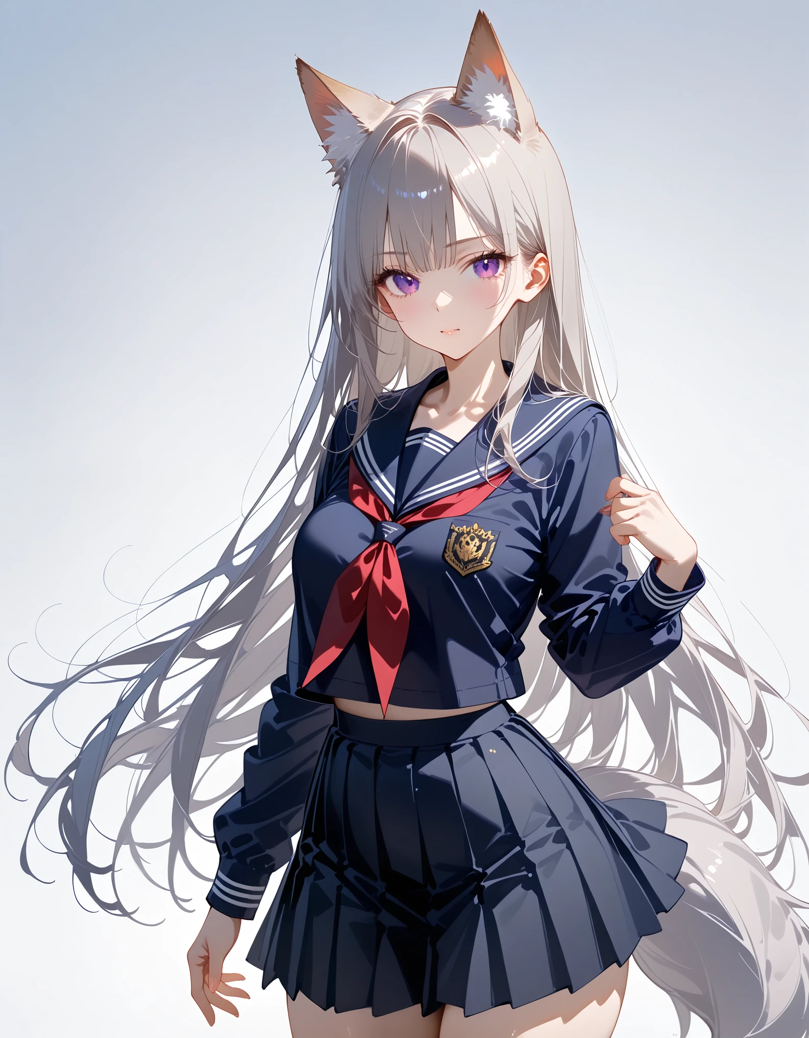 1girl, solo, long hair, bangs, skirt, simple background, shirt, long sleeves, white background, animal ears, very long hair, school uniform, purple eyes, jacket, tail, grey hair, cowboy shot, pleated skirt, serafuku, black skirt, sailor collar, neckerchief, animal ear fluff, fox ears, fox tail, fox girl, black sailor collar, black serafuku , masterpiece, ultra-detailed, best quality ,intricate details ,ai-generated, perfect anatomy, absurdres,