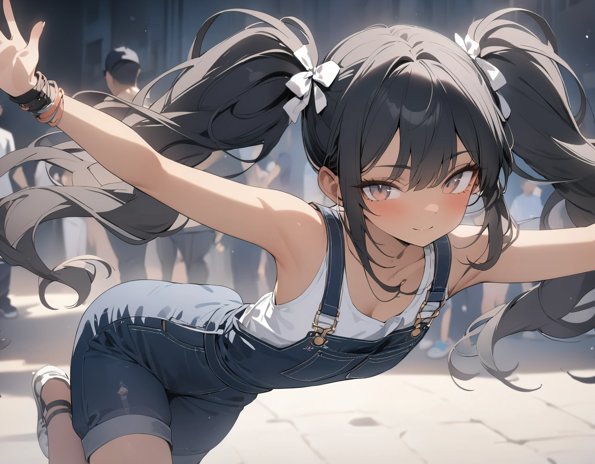 (((Best quality, 8k, Masterpiece: 1.3)), ((best quality)), ((masterpiece)), (detailed), perfect face, black hair, long hair, twintails, ribbon, Girl in overalls, dancing, Street dancer, street fashion, hip hop, dark skin, tanned skin