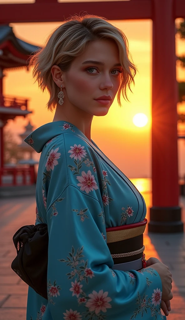 cowboy shot,  Side view 1 woman, beautiful  French  actress,  OO7 bond girl ,Lea Seydoux ,  (blond short hair, beautiful  blue eye, smile), (C cup breasts, wide hip), (Japanese traditional blue Kimono, kimono's below  flower pattern , black obi with flower pattern, obi string ) 、 front Shinto shrine, sunrise ,