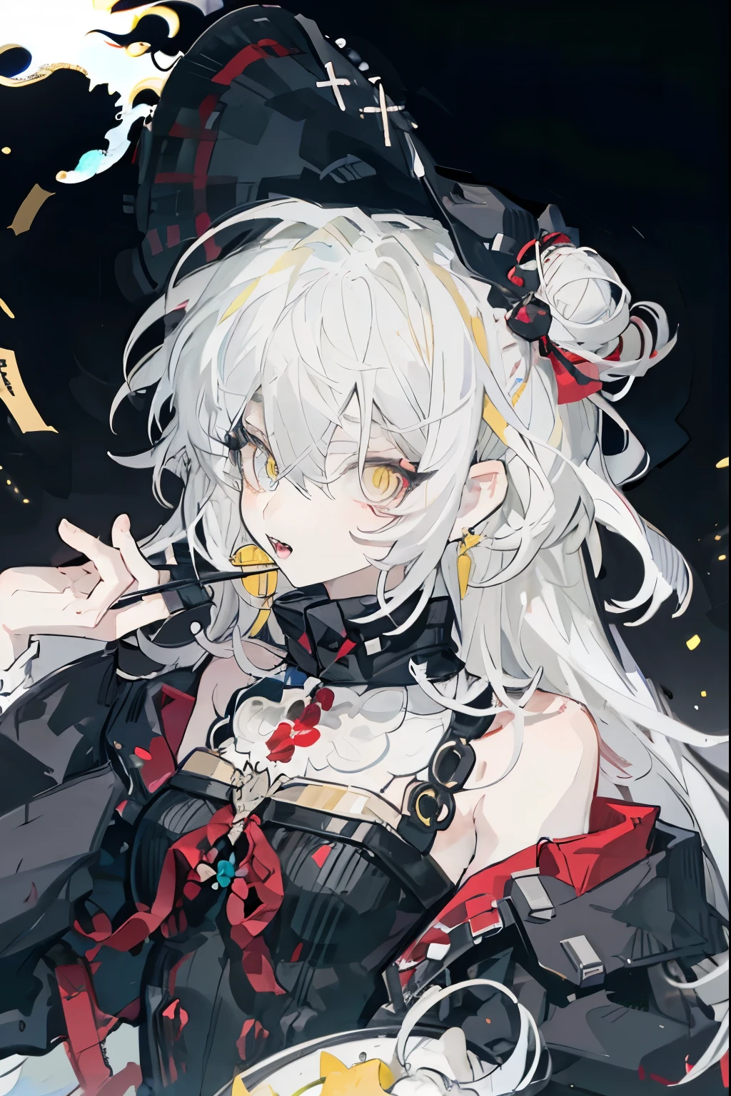 1 Girl, unique, Open your mouth, trumpet, sharp teeth, teeth, earrings, Jewelry, look at the audience , Long hair, colorful eyes , multicoloRed Hair, hair between eyes, black background, Bare shoulders, Hair accessories, portrait, Yellow eyes, Red Ribbon, Red Hair, Fangs, White hair, blond, Hairpin, ribbon, striped hair
