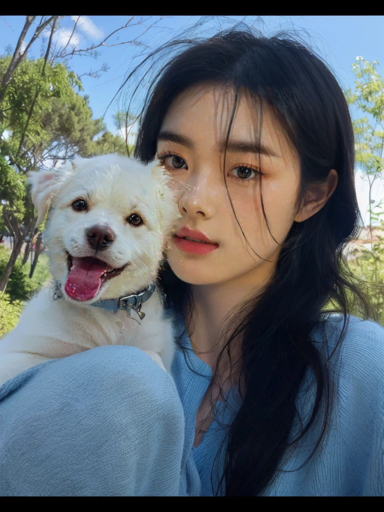 无与伦比的masterpiece, ( ultra realistic 8k RAW photo ,  best quality, masterpiece: 1.4), Perfect painting,  best quality,  super high resolution , (actual,  photo realistic photo realistic: 1.4)， a girl ，Holding a white dog in my arms ， wearing a blue shirt, With the dog, Dilraba Dilmurat, Kim Tae-jun