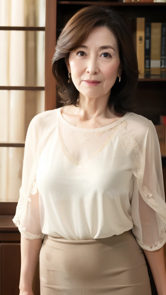  High image quality,  High image quality,   Attention to Details , masterpiece,(decline),  anatomically accurate , sharp, (( Japanese,Mature Woman)),(80 years old:1.5),((Facial wrinkles)), saggy breasts during pregnancy,  white skin, Dark brown hair,(Long Hair), bangs,(((  Stand upright, ))), Looking ahead,(sheer pattern blouse :1.4),(  tight skirt:1.2),(  from head to thighs :1.1),Inside the warehouse,(Angry face),(elder:1.5),Mature Woman主婦 ,Lower the corners of your mouth