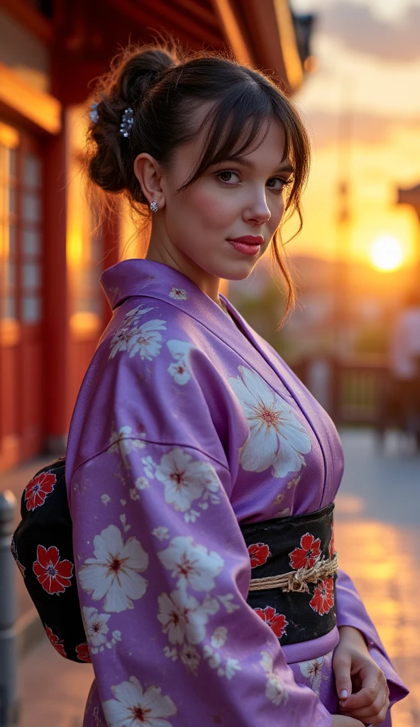 cowboy shot,  Side view 1 woman, beautiful  American actress,  name is Millie Bobby Brown ,  (brown chinning hair ,fringe , beautiful brown eye, smile), (C cup breasts, wide hip), (Japanese traditional violet Kimono, kimono's below  flower pattern , black obi with flower pattern, obi string ) ,  front Shinto shrine, sunrise , (super detail, high details, high quality, accurate, anatomically correct, textured skin, beautiful fingers super detail, high details, high quality, best quality)