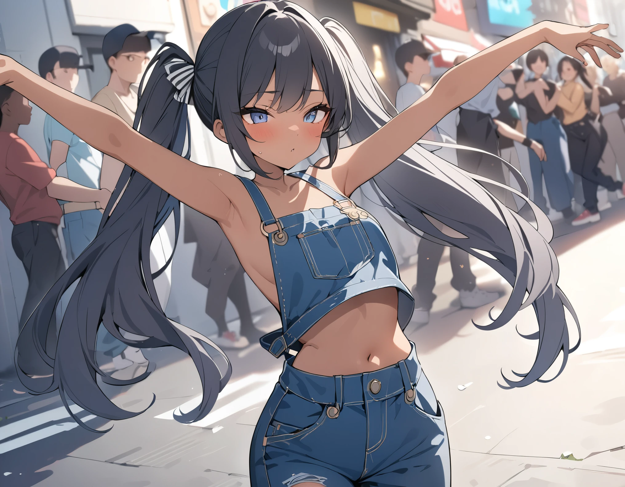 (((Best quality, 8k, Masterpiece: 1.3)), ((best quality)), ((masterpiece)), (detailed), perfect face, black hair, long hair, twintails, ribbon, Girl in overalls, dancing, Street dancer, street fashion, hip hop, dark skin, tanned skin