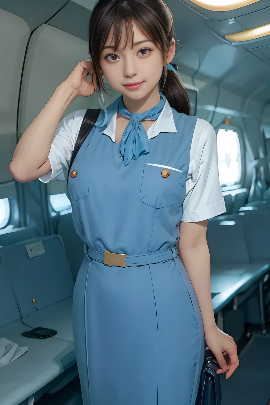 (masterpiece:1.2, Best Quality:1.2), 32kHDR,  high definition, (Alone、 1 girl)、（Rooftop of a building during the day、 Professional Lighting ）、Building rooftop background、（ Realistic Style Japan Air System Flight Attendant Uniform Blue ）、（（Japan Airlines System Flight Attendant Uniform Blue Jumper Skirt with Pockets and Buttons on Both Sides of Chest、 white short sleeve blouse  、 Light Blue Vest with Waist 、Scarf around the neck））、Dark brown hair、（Long Hair、Hair tied up、Hair tied up）、Dark brown hair、Long Hit、Big Breasts、Thin legs、（（Great hands：2.0）），（（ Harmonious Body Proportions ：1.5）），（（Normal limbs：2.0）），（（Usually refers to：2.0）），（（ Delicate Eyes ：2.0）），（（Normal eyes：2.0））)、smile、（Japan air system cabincrew uniform blueを見せた美しい立ち姿）、Hands crossed underneath 