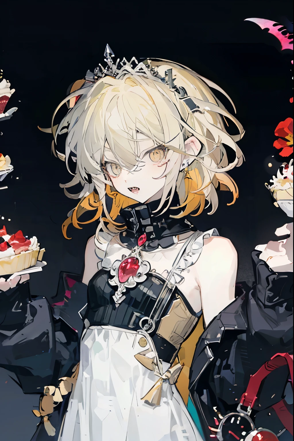 1 Girl, unique, Open your mouth, trumpet, sharp teeth, teeth, earrings, Jewelry, look at the audience , Long hair, colorful eyes , multicoloRed Hair, hair between eyes, black background, Bare shoulders, Hair accessories, portrait, Yellow eyes, Red Ribbon, Red Hair, Fangs, White hair, blond, Hairpin, ribbon, striped hair