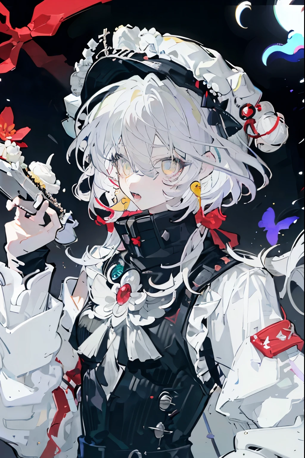 1 Girl, unique, Open your mouth, trumpet, sharp teeth, teeth, earrings, Jewelry, look at the audience , Long hair, colorful eyes , multicoloRed Hair, hair between eyes, black background, Bare shoulders, Hair accessories, portrait, Yellow eyes, Red Ribbon, Red Hair, Fangs, White hair, blond, Hairpin, ribbon, striped hair
