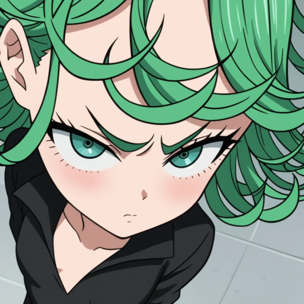 score_8, score_7_up, score_6_up, source_anime, anime screencap, 1girl, lluminartis, tatsumaki, green hair, curly hair, short hair, green eyes, bangs, small breasts, flipped hair,  close-up of face, from above, pouting, blush, standing, hands on hips,naked, view pussy , view tits