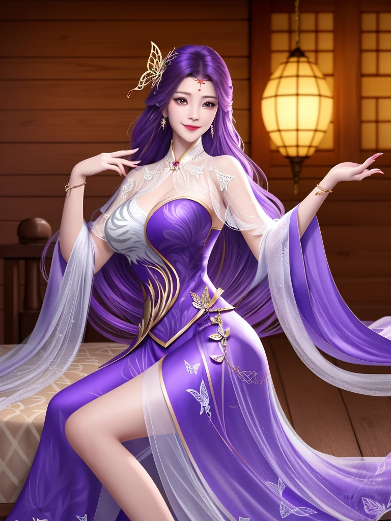 night，Log House，WMSJ Wunxi ,  1 girl, skirt, alone, butterfly hair accessories, long hair,  purple hair , jewelry,  watching the viewer, earrings, shawl, Shut up,前額jewelry, Feather coat,  Mature Women , ,Sit sideways on a wooden bed， Smile,