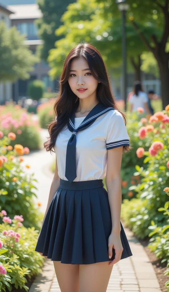 A raw ultra realistic photo, high-definition, 8K, A young woman in student uniform, short skirt, school uniform, pure, campus, flower bed, small path,