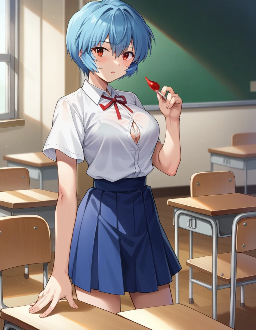  score_9,  score_8_Excellent,  score_7_Excellent, sauce_Anime, Rayanami, Rei Ayanami,  blue hair,  short hair, red eyes, skirt, shirt, ribbon, , white shirt, Short sleeve, red ribbon, neck ribbon, Tokyo 3rd  School , indoor, classroom,  viewers without pubic hair, ,Big Breasts　がshirtを脱がす　shirt-open　open-bra　White Bra