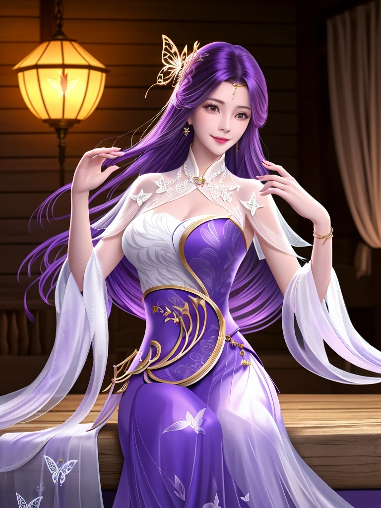 reality（1.4），detail，night，Log House，WMSJ Wunxi ,  1 girl, skirt, alone, butterfly hair accessories, long hair,  purple hair , jewelry,  watching the viewer, earrings, shawl, Shut up,前額jewelry, Feather coat,  Mature Women , ,Sit sideways on a wooden bed， Smile,