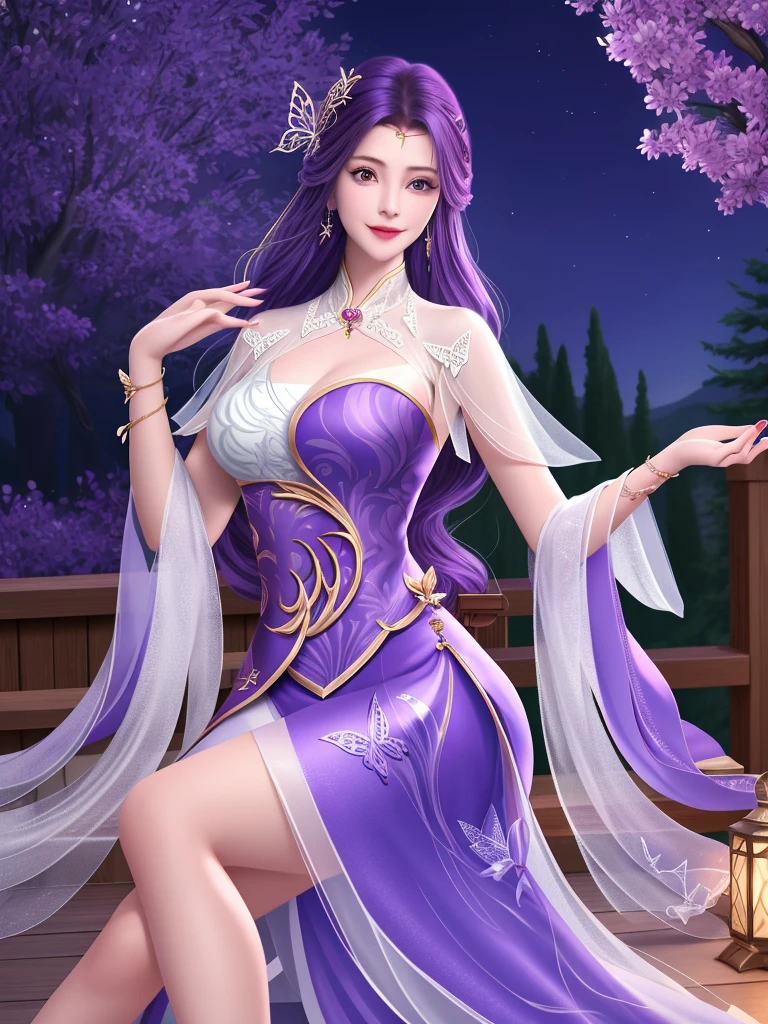 reality（1.4），detail，night，Log House，WMSJ Wunxi ,  1 girl, skirt, alone, butterfly hair accessories, long hair,  purple hair , jewelry,  watching the viewer, earrings, shawl, Shut up,前額jewelry, Feather coat,  Mature Women , ,Sit sideways on a wooden bed， Smile,