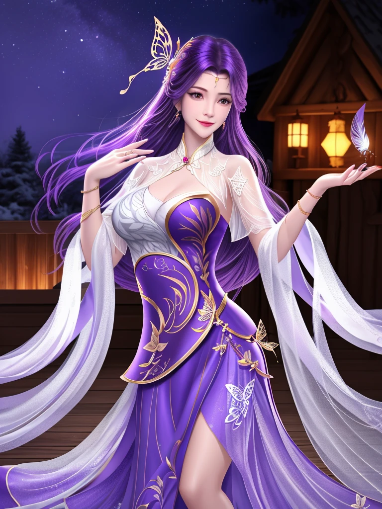 reality（1.4），detail，night，Log House，WMSJ Wunxi ,  1 girl, skirt, alone, butterfly hair accessories, long hair,  purple hair , jewelry,  watching the viewer, earrings, shawl, Shut up,前額jewelry, Feather coat,  Mature Women , ,Sit sideways on a wooden bed， Smile,