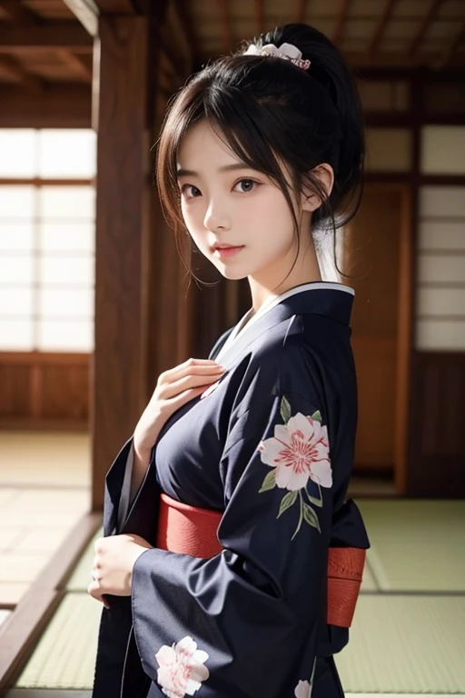  Japanese、20 years old、Twenty years old、woman、Cute face、Black Hair、 wearing a beautiful kimono 、 ponytail、 holds a flat knife like a fan、 dancing 、A fan is a tool that fans the wind 。 dancing 、The background is a large hall 、