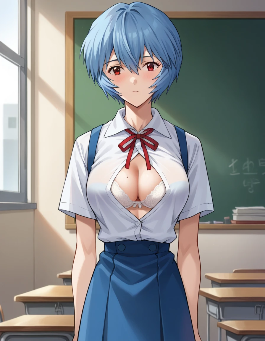  score_9,  score_8_Excellent,  score_7_Excellent, sauce_Anime, Rayanami, Rei Ayanami,  blue hair,  short hair, red eyes, skirt, shirt, ribbon, , white shirt, Short sleeve, red ribbon, neck ribbon, Tokyo 3rd Junior High School , indoor, classroom,  viewers without pubic hair, ,Big Breasts　shirt-open　open-bra　White Bra　Fat 　bra puller