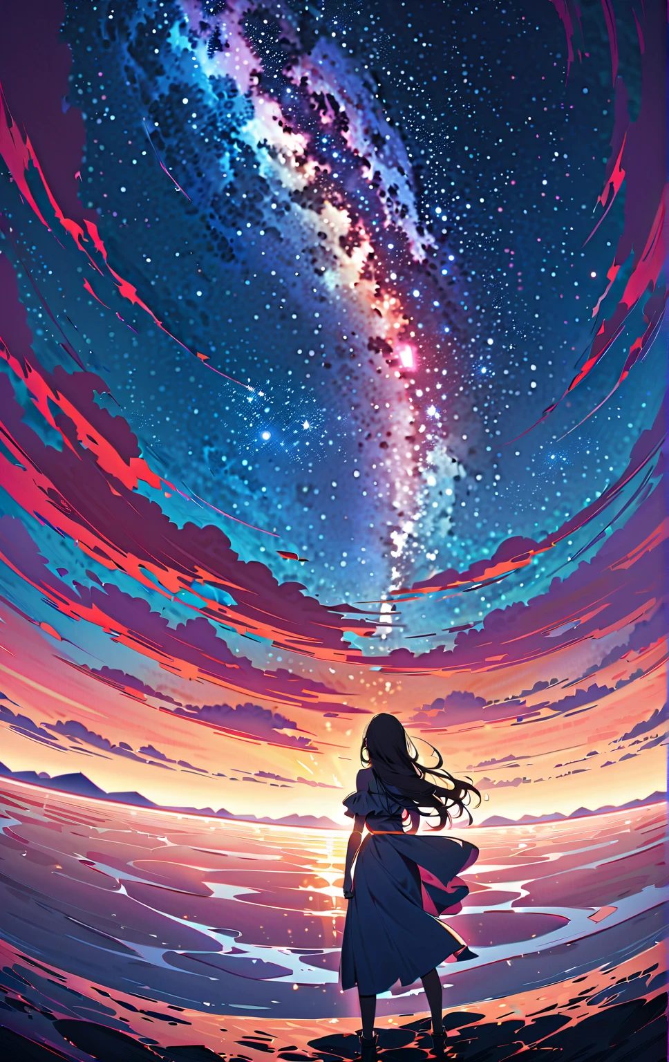 Official Art, Integrated 8K wallpapers,  very detailed,  masterpiece,  best image quality，Ultra Wide Angle，night， girl bust up,Clear your face ，Standing by the salt lake，The water is like a mirror，Reflecting the sky,Look up at the sky，The Milky Way is in the sky， dynamic angle that kept getting violated, Grace,  bright color