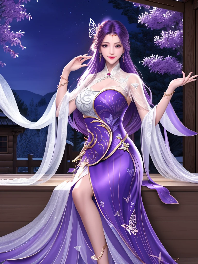 reality（1.4），detail，night，Log House，WMSJ Wunxi ,  1 girl, skirt, alone, butterfly hair accessories, long hair,  purple hair , jewelry,  watching the viewer, earrings, shawl, Shut up,前額jewelry, Feather coat,  Mature Women , Randomly move  , side sitting on wooden bed， Smile,