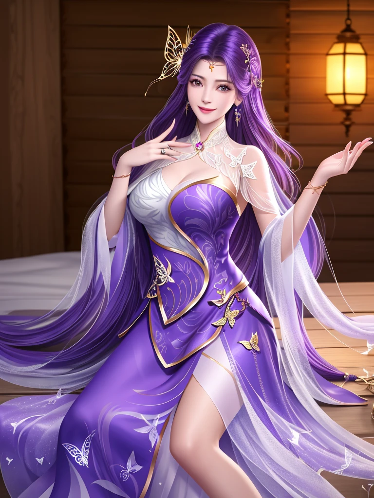 reality（1.4），detail，night，Log House，WMSJ Wunxi ,  1 girl, skirt, alone, butterfly hair accessories, long hair,  purple hair , jewelry,  watching the viewer, earrings, shawl, Shut up,前額jewelry, Feather coat,  Mature Women , Randomly move  , side sitting on wooden bed， Smile,