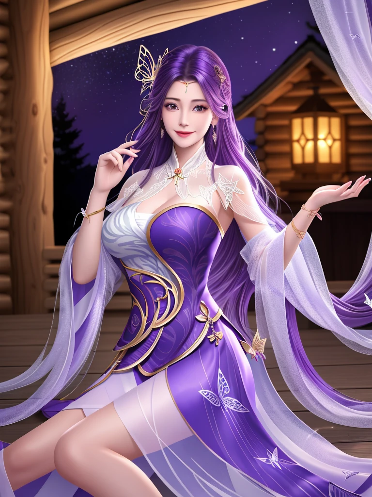 reality（1.4），detail，night，Log House，WMSJ Wunxi ,  1 girl, skirt, alone, butterfly hair accessories, long hair,  purple hair , jewelry,  watching the viewer, earrings, shawl, Shut up,前額jewelry, Feather coat,  Mature Women , Randomly move  , side sitting on wooden bed， Smile,