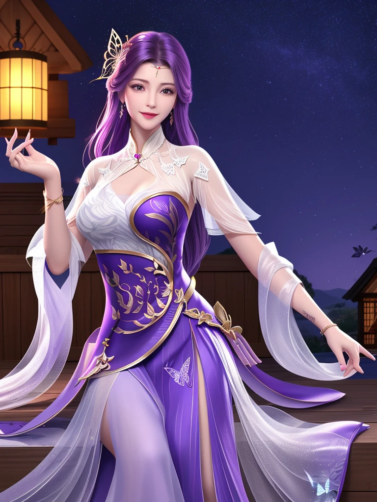 reality（1.4），detail，night，Log House，WMSJ Wunxi ,  1 girl, skirt, alone, butterfly hair accessories, long hair,  purple hair , jewelry,  watching the viewer, earrings, shawl, Shut up,前額jewelry, Feather coat,  Mature Women , Randomly move  , side sitting on wooden bed， Smile,