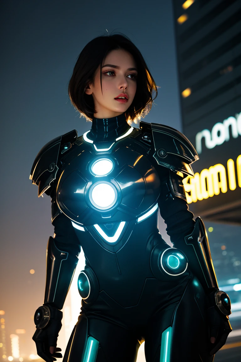 A hyper-realistic photorealistic female robot, wires, holding a square board face-on, in a cyberpunk city at night. Steam
