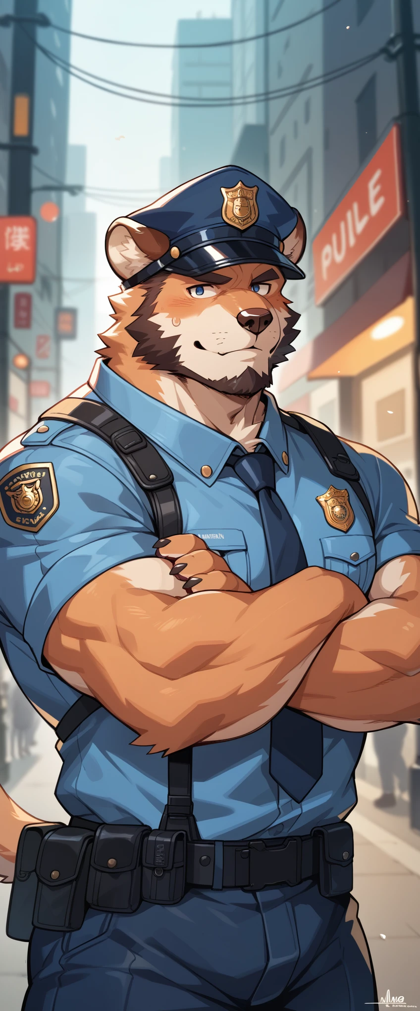 score_9, score_8_up, score_7_up, score_6_up, score_5_up, score_4_up, source_furry, highres, cover page, furry, angelic nice 1boy, kemono, solo focus, muscle man, beard, dignified, police officer, SWAT, street, muscle, facial hair, volumetric lighting, depth of field, gasping for air,