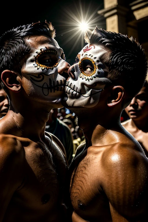 2 18-year-old boys kiss at a dia de los Muertos celebration in Oaxaca 