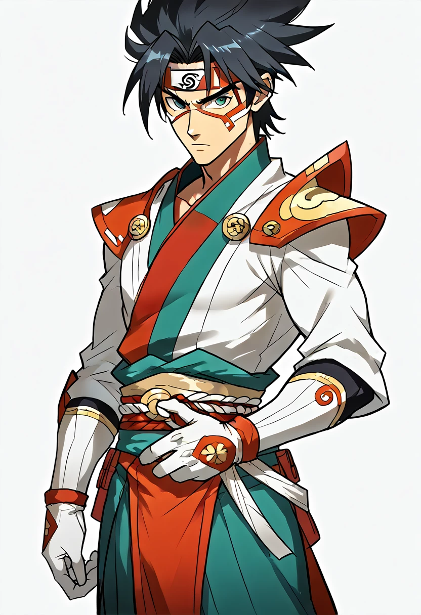 Hashirama maintains his robust and confident appearance, with a serene and friendly expression that conveys both leadership and kindness. He wears the Seventh Division's haori over stylized armor in shades of green and brown, evoking his connection with nature. His long, black hair is tied back, and he has a tribal mark on his forehead, symbolizing his affinity with spiritual power and nature. He carries his Zanpakutō at his waist, but the shape of its blade suggests his connection with the element of wood and healing power, 8k high definition