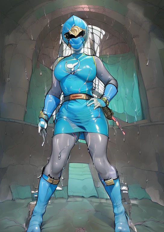 (Best Quality, masterpiece,  RAW photo,Super detailed:1.2),   1 girl, Alone, Bow your head, ((  Travel in a Hurricane Blue costume , belt, Gloves,   helmets,   blue spandex vest  , sunglasses, Blue Boots,     blue skirt    , Grey leggings, white Gloves)),   Big Breasts at the Temple , (((  widening his legs :1.1))), nsfw, ((Dark , Wet cave)),