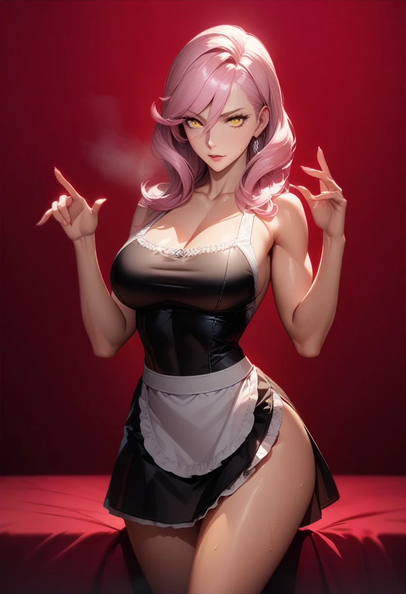 masterpiece,best quality,high resolution,8k,ultra HD,wallpaper,illustration,perfect face,cowboy shot,beautiful detailed eyes,extremely detailed face,perfect lighting,extremely detailed CG,perfect anatomy,perfect body,perfect hands,perfect fingers,1woman,full body,,muscle fighter body,pink long hair,yellow eyes,large breasts,Medium ass,,white long apron with black maid dress skirt,,clothed,,,collarbone,,looking at viewer,(),Steam,sweat, on the bed,(Fate Grand Order character Koyanskaya),adult,