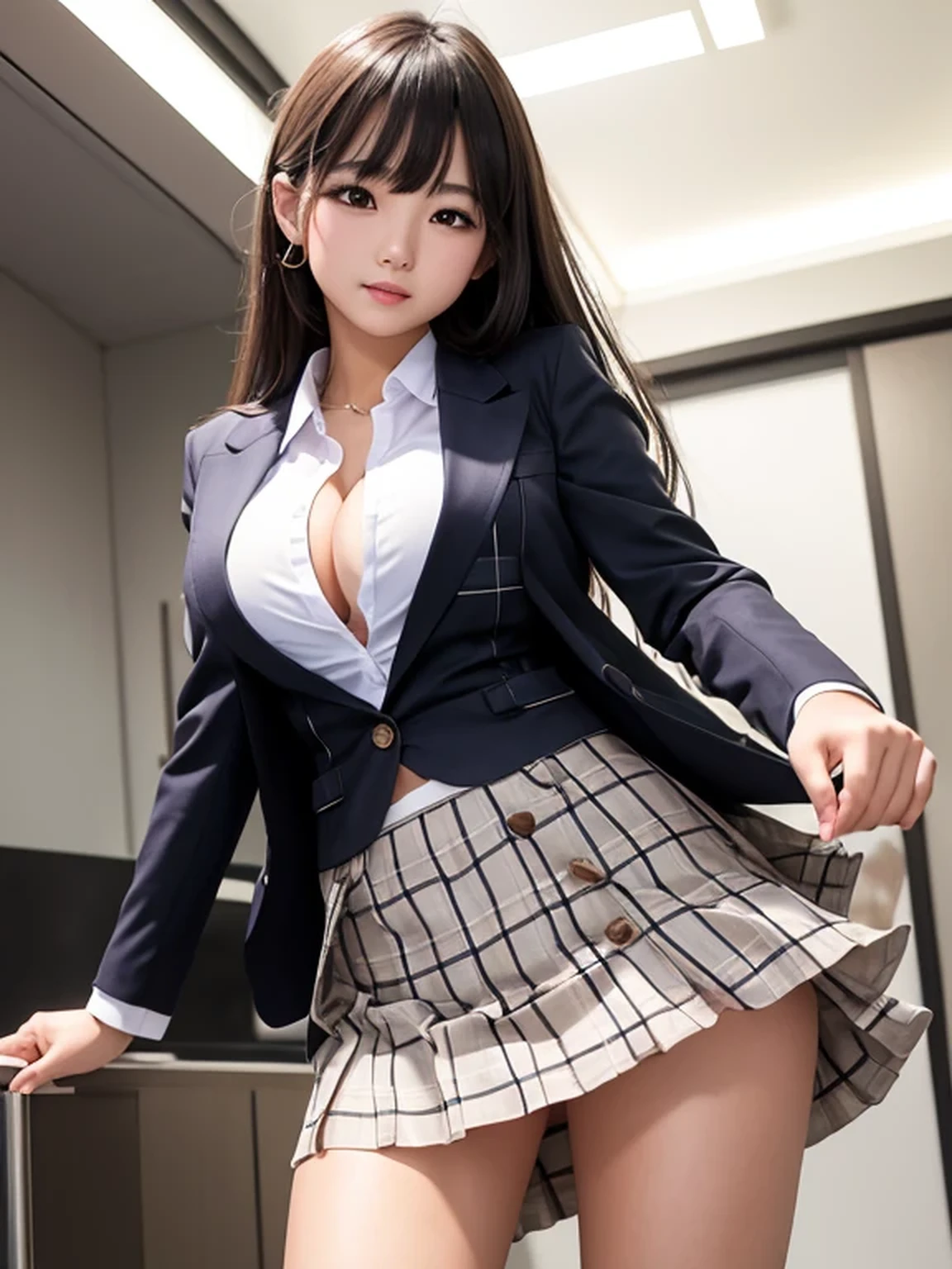 Top quality, high image, 1 woman, 18 years old, school stairs, black jacket, Medium breasts,white blouse,(plaid miniskirt), white panties,upskirt from below