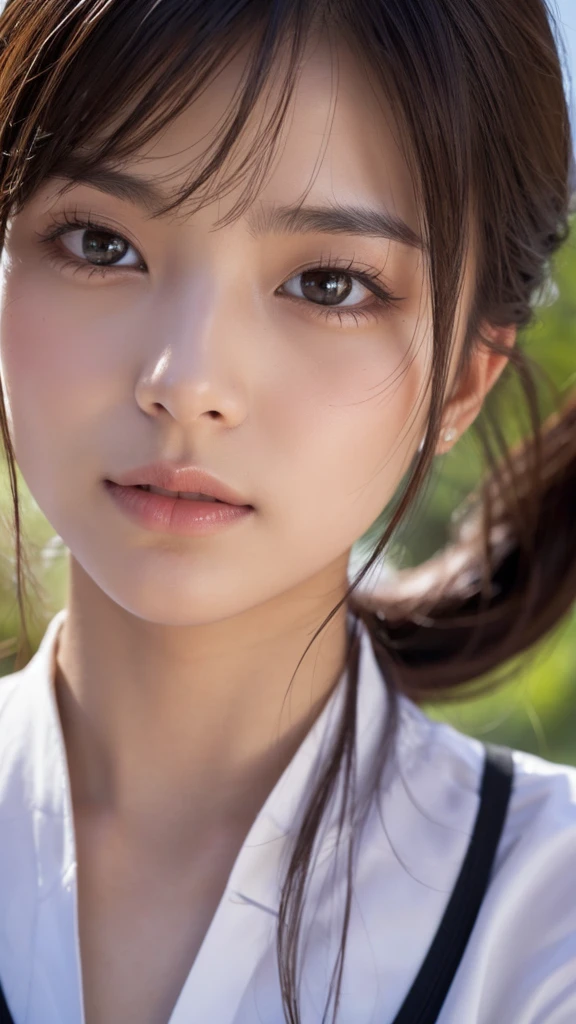 Ultra-realistic capture, Highly detailed, High resolution 16k close-up of human skin. Skin texture must be natural, With such detail that pores can be finely identified. Skin should look healthy, In a uniform tone. Use natural light and color, very cute、Korean、Top Idol、Big Eyes、 perfect face、Droopy eyes、 very beautiful face 、20 years old、front、Straight face、Long Hair,  see here 、front、 close your mouth、Don&#39;t show your teeth