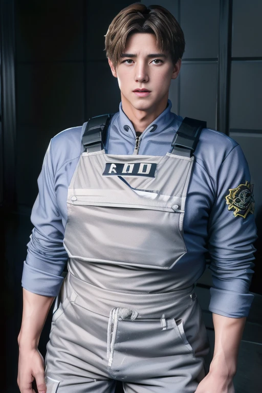 (High-definition CG), ( Best Quality ), (. Kennedy), (Overall view)  Huagai with a cool and handsome face  ,SWAT Clothing,  Beauty, 18 years old,  Toned and muscular,  With a cool and handsome face , Sharp Eye