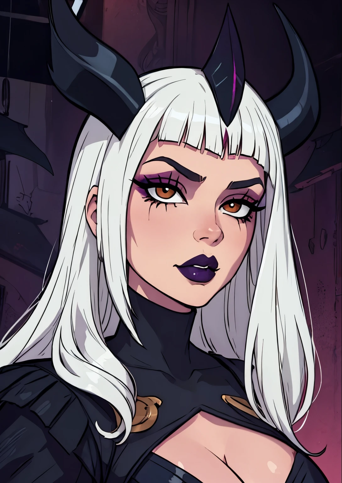 masterpiece, best quality, 1female, beautiful, face portrait, deep makeup, lipstick, 1girl, face focus, perfect fringe, goth, ravleblanc, white hair, brown horns