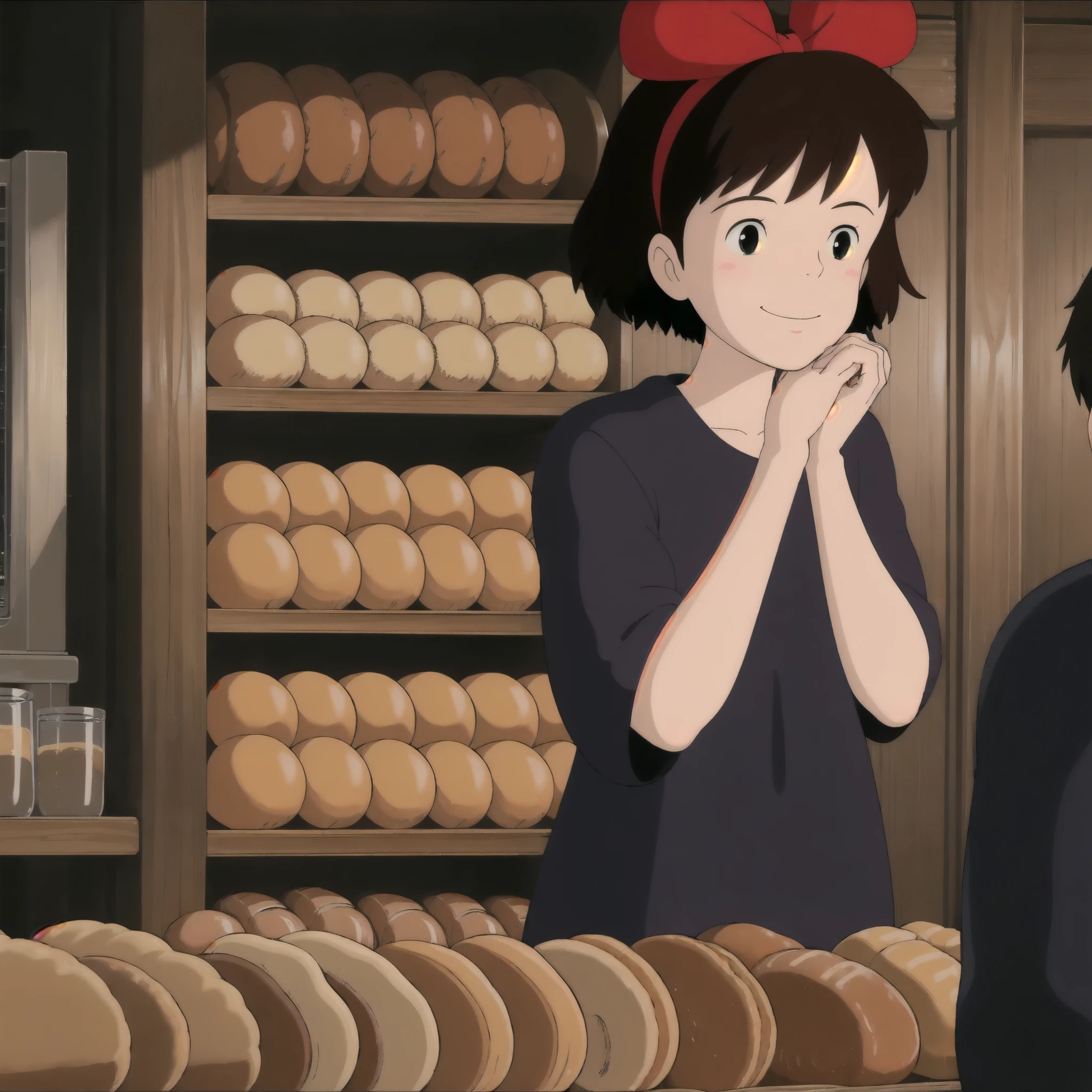 kiki, 1 girl, short hair,Brown Hair, Black Eyes , hair bow, black dress, upper body, song,Staring intently,smile,Headrest,indoor,Bakery,bread,Food, at dawn,counter,table,chair,Alone,Parody, high definition, 最 high quality,  Multiple awards ,  Ultra High Definition,  high quality,  high definition model,  motion blur,  The , 