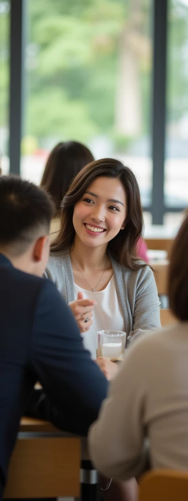 (photorealistic, masterpiece, high quality) A BEAUTIFUL WOMAN TALKING WITH A HANDSOME MAN IN CLASS. HANDS ON DESK. NEAR GLASSWINDOW, AODAI