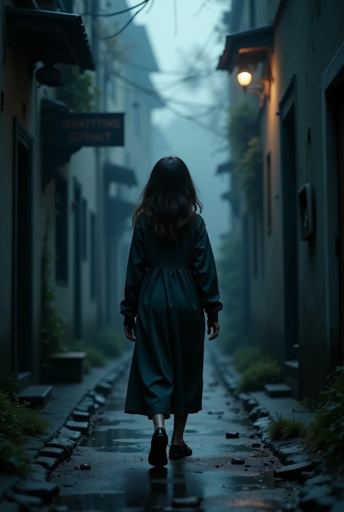 photorealistic image of terrifying girl walking in dark alley, a bunch of solid black creepy sadhows, vignette, highly detailed, high budget, bokeh, cinemascope, moody, epic, gorgeous, film grain, grainy