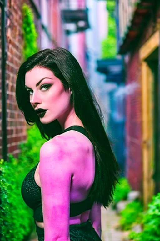 Generate a hyper-realistic image that employs the shallow depth of field technique, half-body portrait to highlight Stoya wearing a gothic medieval clothes , Hot body, sensual, sexy, at ((night in a mysterious alleyway)) setting, (((under the moonlight))). The girl should be the focal point, with crisp clarity, while the background of the alley should be gently blurred to create a bokeh effect. (((steam rises In the foreground))) should be visible but blurred, adding depth to the composition.", adding depth to the composition. Sony Alpha A7R III, macros lens , f/5.6.  