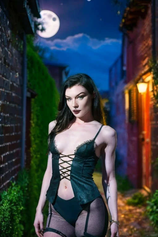 Stoya wearing a gothic medieval clothes , Hot body, sensual, sexy, at ((night in a mysterious alleyway)) setting, (((under the moonlight))). TSony Alpha A7R III, macros lens , f/5.6.  