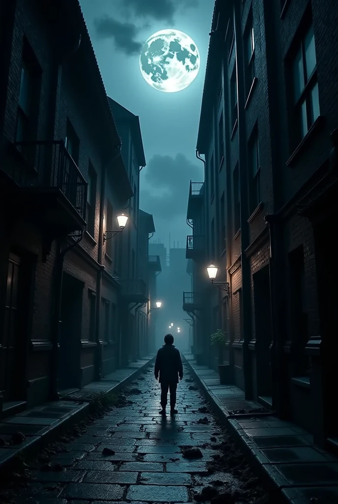 photorealistic image of terrifying uphill dark alley, darkmoon background, vignette, highly detailed, high budget, bokeh, cinemascope, moody, epic, gorgeous, film grain, grainy