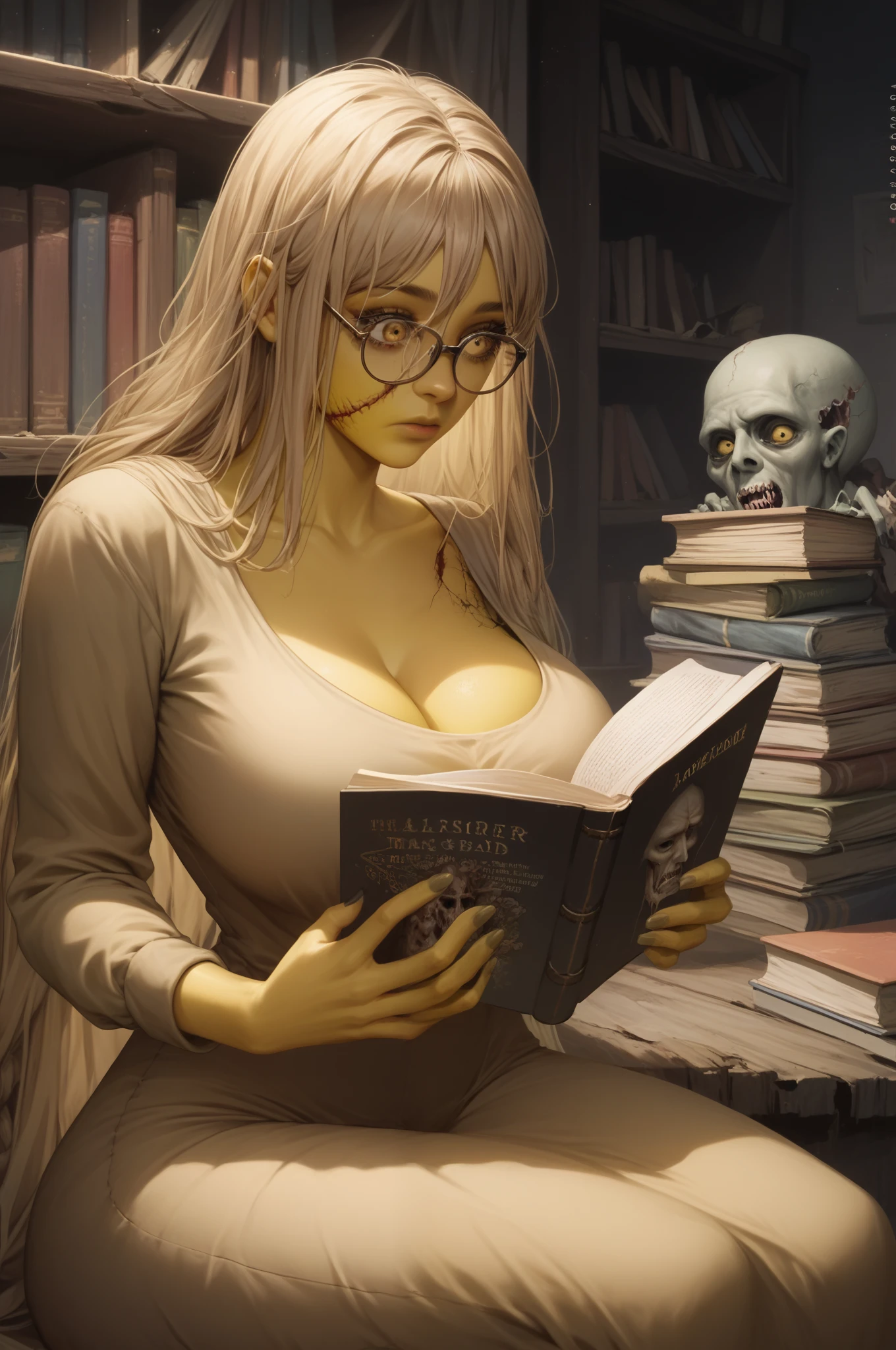 1girl, Zombie, Undead, scary, tall, horror,  her skin is smooth and Soft , long hair that cover her face, yellow skin, wearing glasses, expressionless face.  huge breasts,  wide hips,  big butt ,  yellow-eyed , detailed eyes, Really scary, terrifyingly beautiful, cute, (Sitting reading a magical grimoire), ( masterpiece ), (la mejor calidad), dark and gloomy setting, In an Abandoned Library 