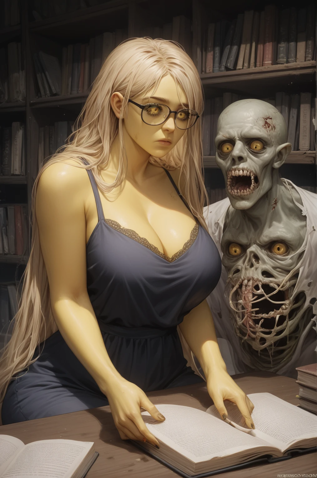 1girl, Zombie, Undead, scary, tall, horror,  her skin is smooth and Soft , long hair that cover her face, yellow skin, wearing glasses, expressionless face.  huge breasts,  wide hips,  big butt ,  yellow-eyed , detailed eyes, Really scary, terrifyingly beautiful, cute, (Sitting reading a magical grimoire), ( masterpiece ), (la mejor calidad), dark and gloomy setting, In an Abandoned Library 