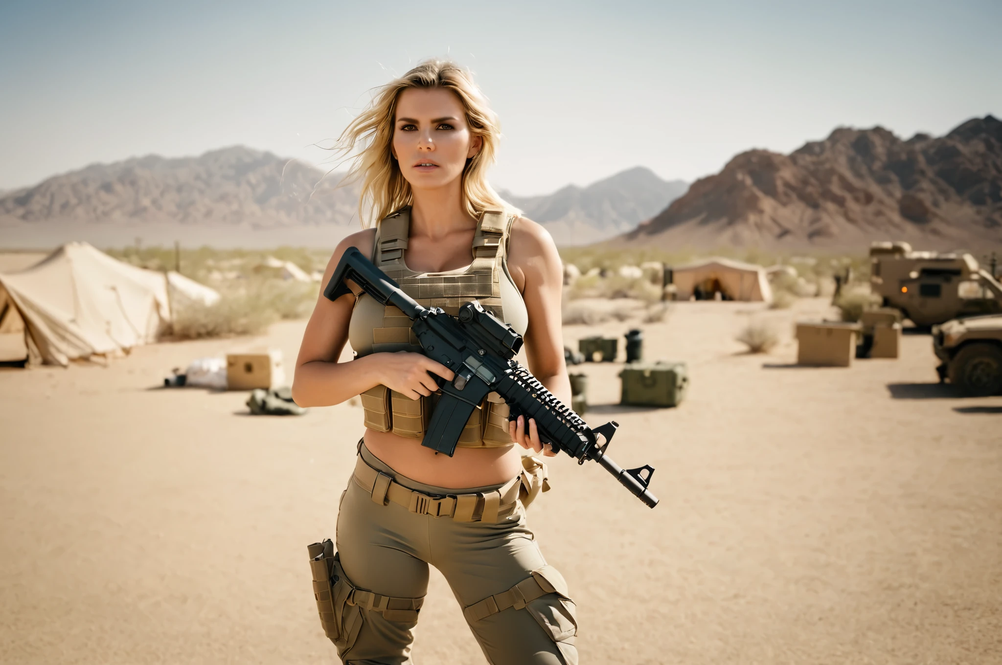 high quality picture, 8k portrayal, 30yo blonde woman, long messy hair, detailed angry face, (intricate details), dressed in military tactical apparel, (cleavage breasts), plunging neckline, ((huge round breasts)), ((highly detailed)). Holding an AR 15 Assault rifle on hands, posing, fierce standing outside a military base camp on sunny day in the desert, detailed surroundings, Movie Still, Film Still, Cinematic Shot, Cinematic Lighting, dramatic lighting, (beautiful legs), HDR enhancement, ultra fine texture.

